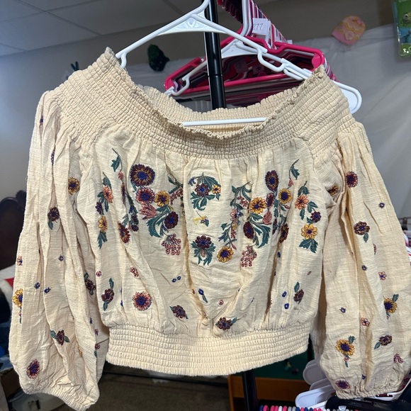 Free People Tops - Free People Cream Off-Shoulder Floral Embroidered Smocked Top
